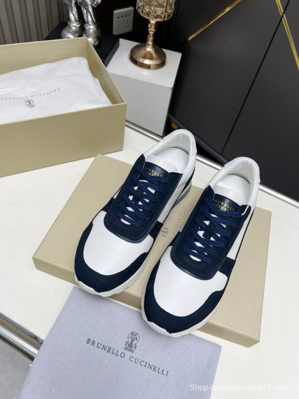2024 Unisex Brunello Cucinelli White Navy Suede Leather Sneakers