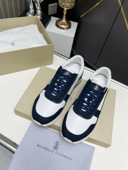 2024 Unisex Brunello Cucinelli White Navy Suede Leather Sneakers