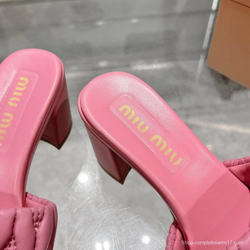 2025 Women Miu Miu Pink Sheepskin Heeled Sandals Quilted KFY00250