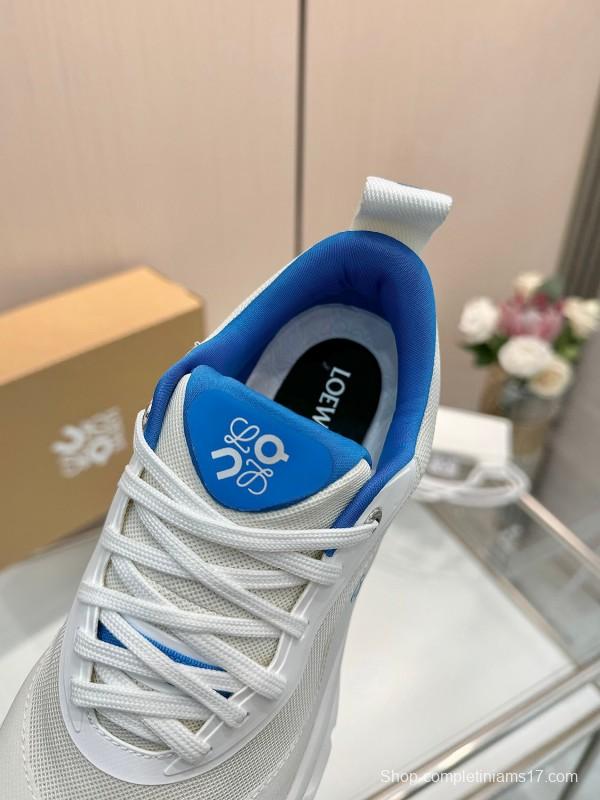 2025 Unisex Loewe White Blue Mesh Leather Sneakers