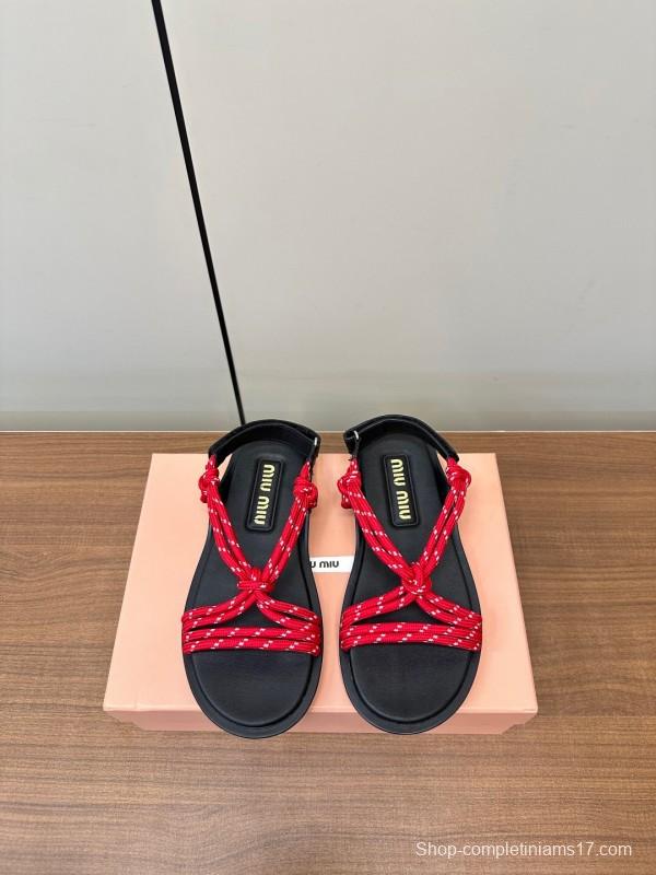 2025 Women Miu Miu Red Rope Leather Sandals LY