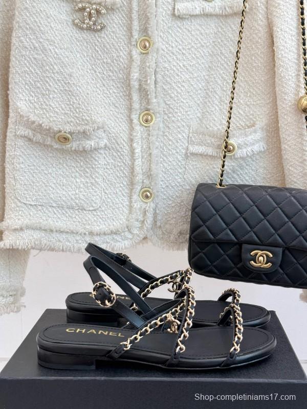 2025 Women Chanel Black Leather Slingback Sandals Chain KFY00270