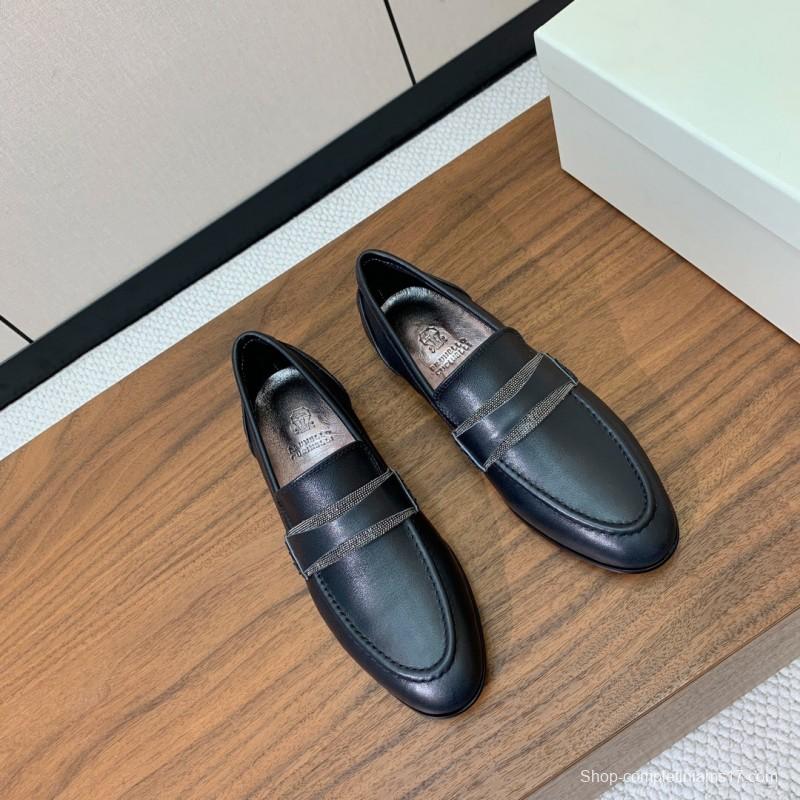 2025 Men Brunello Cucinelli Black Leather Loafers Classic Handmade KFY00300 (M)