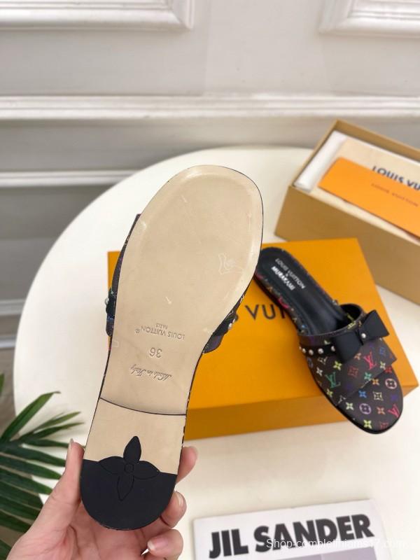 2025 Slippers Louis Vuitton Black Leather Flat Bow MJ00290