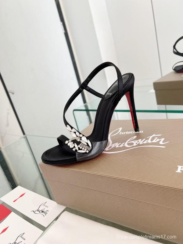 2025 Women ChristianLouboutin Black Satin High Heel Sandals Crystal Embellishment LY00300