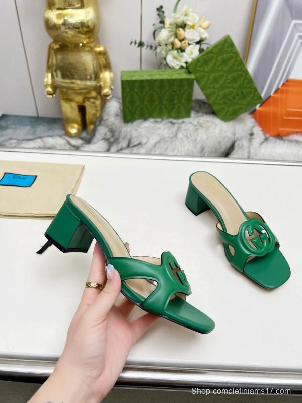 2025 Gucci Green Leather Slippers MJ00190/225