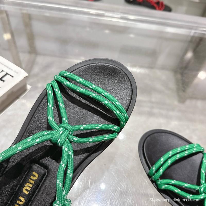 2025 Women Miu Miu Green Black Rope Leather Sandals