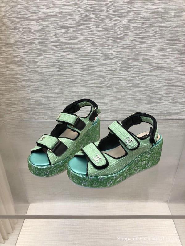 2025 Slippers Chanel Mint Green Textile Platform Sandals LY00330
