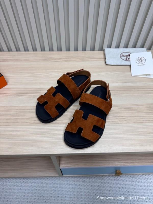 2025 Women Hermès Brown Suede Leather Sandals