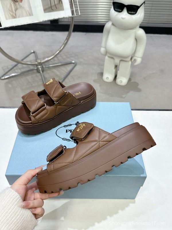 2025 Women Prada Brown Leather Sandals