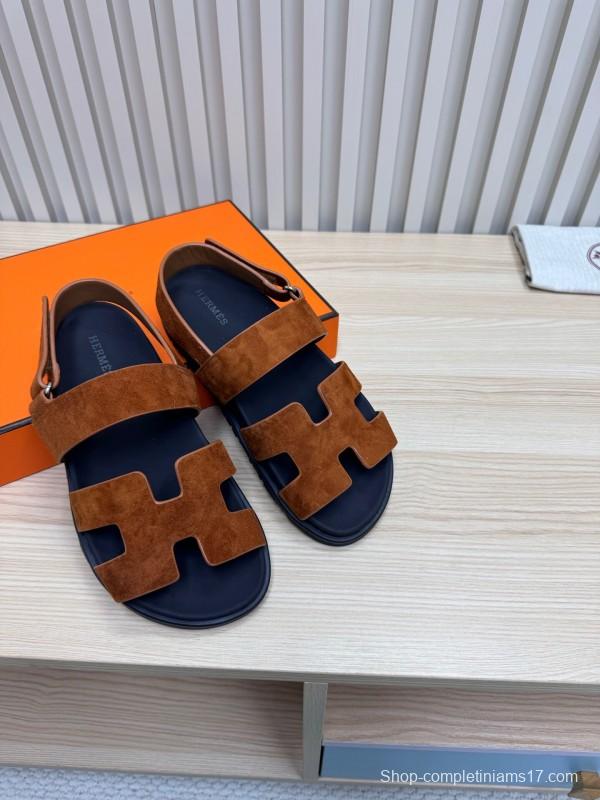 2025 Women Hermès Brown Suede Leather Sandals