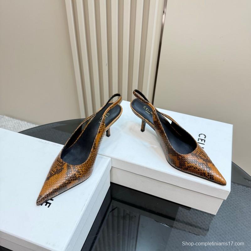 2025 Women Celine Brown Snakeskin Leather Slingback Heels