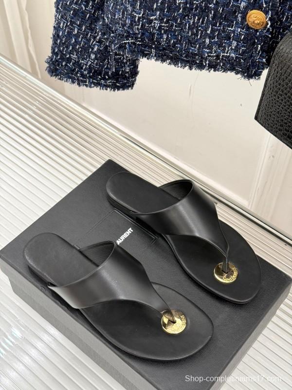 2025 Slippers Yves Saint Laurent Black Leather Slippers KFY00270