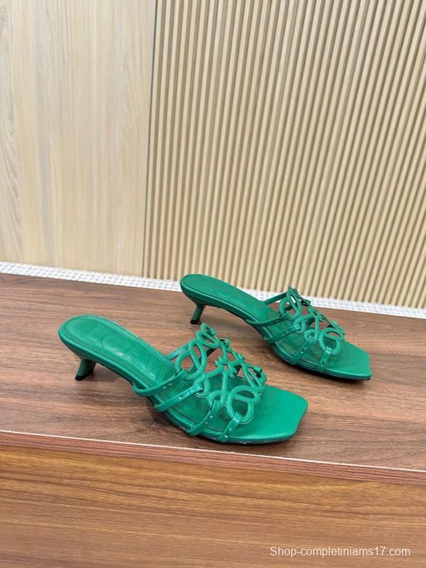 2025 Women Loewe Green Leather Heeled Sandals LY00250