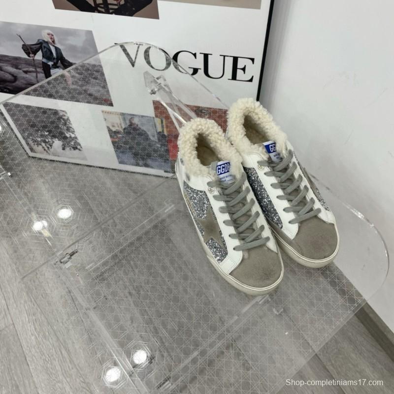 2025 Women GGDB White Silver Suede Leather Glitter Star Sneakers