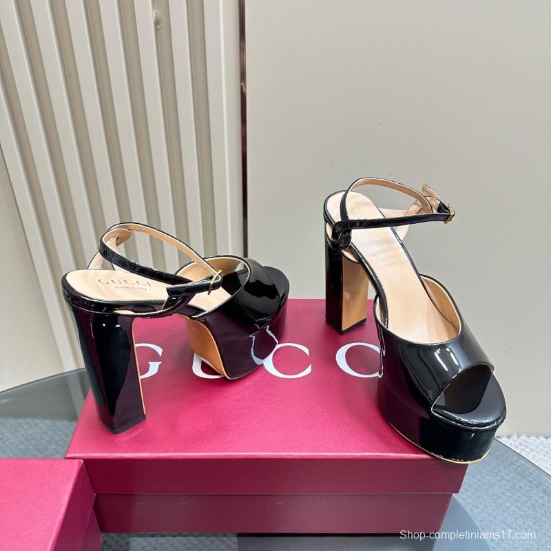 2025 Women Gucci Black Patent Leather Platform Sandals