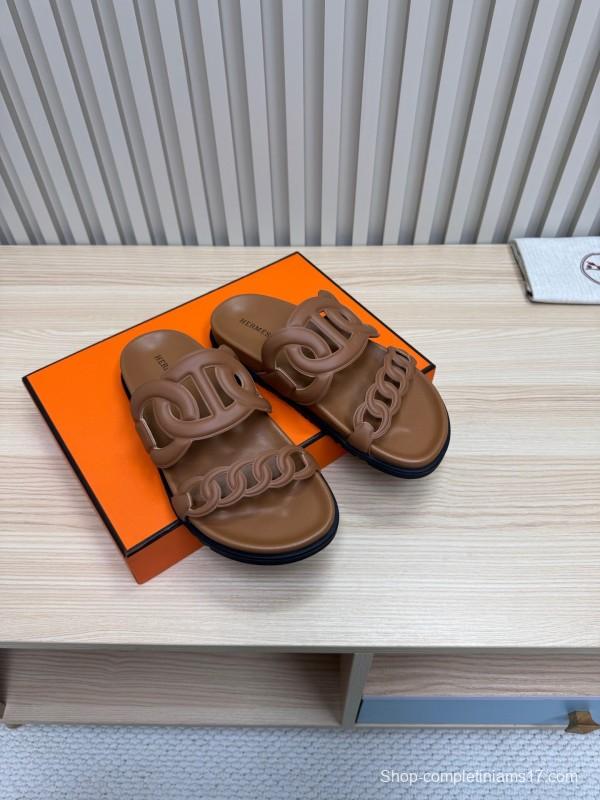 2025 Women Hermès Brown Leather Slippers KFY00260