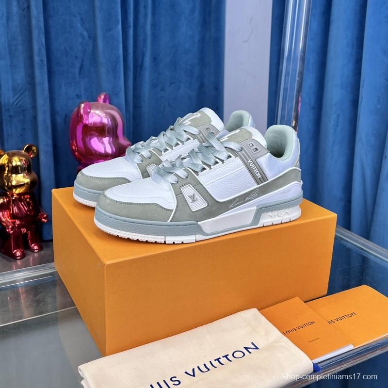 2025 Unisex Louis Vuitton White Grey Leather LV Trainer