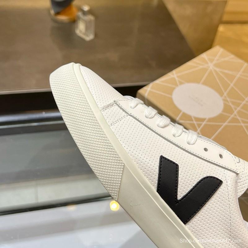 2025 Unisex VEJA White Black Leather Canvas Sneakers V Logo MJ00240(W/M)