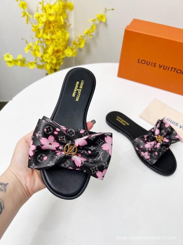 2025 Women Louis Vuitton Black Pink Leather Slippers LY00190