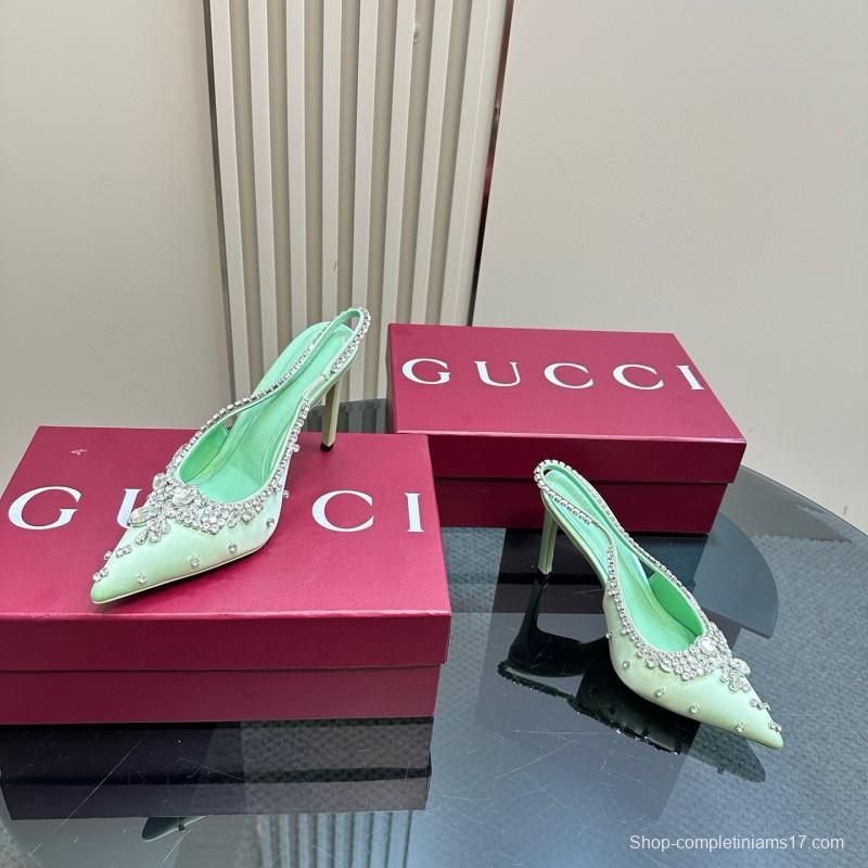 2025 Women Gucci Light Green Satin High Heel Slingback Rhinestone MJ00340