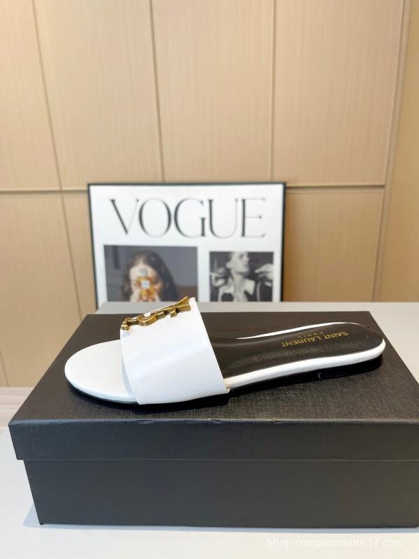 2025 Women Yves Saint Laurent White Leather Slippers LY00180