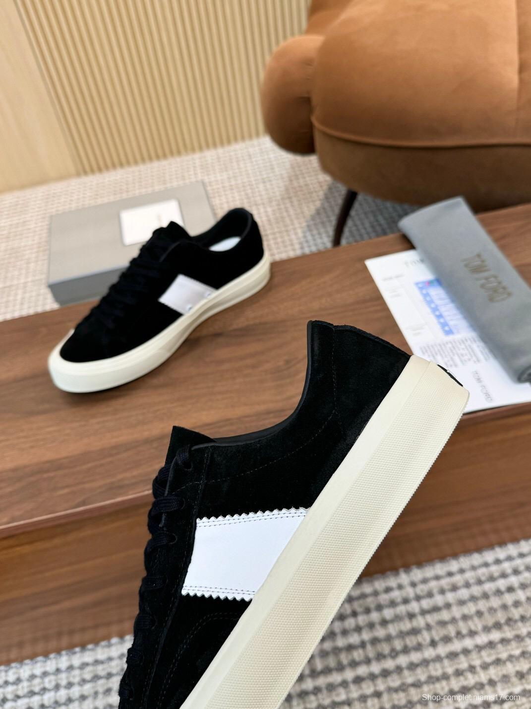 2025 Unisex TOM FORD Black White Suede Leather Sneakers