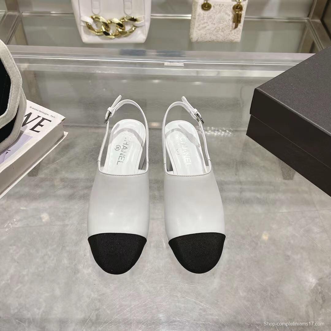 2025 Women Chanel White Black Leather Slingback Sandal LY00300