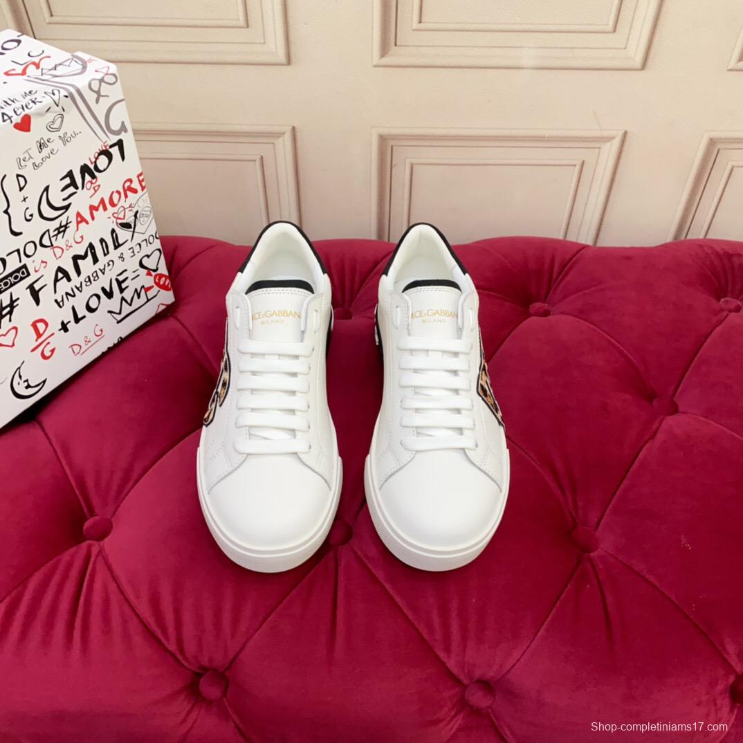 2025 Women Dolce & Gabbana White Leopard Print Leather Sneakers LY00300