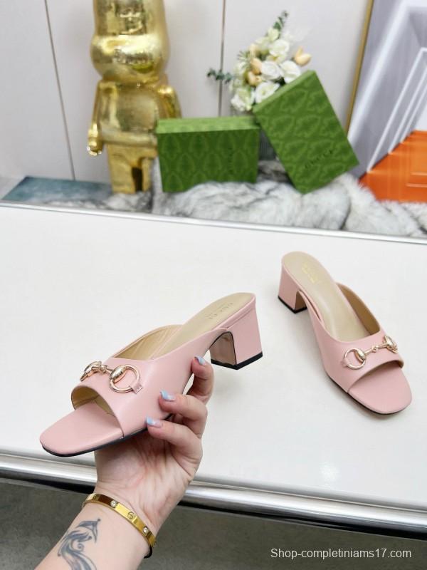 2025 Women Gucci Pink Leather Block Heel Mules MJ00180