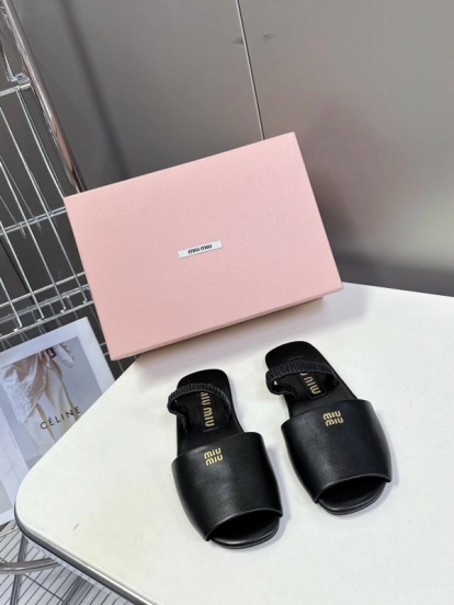 2025 Slippers Miu Miu Black Leather Slippers LY00