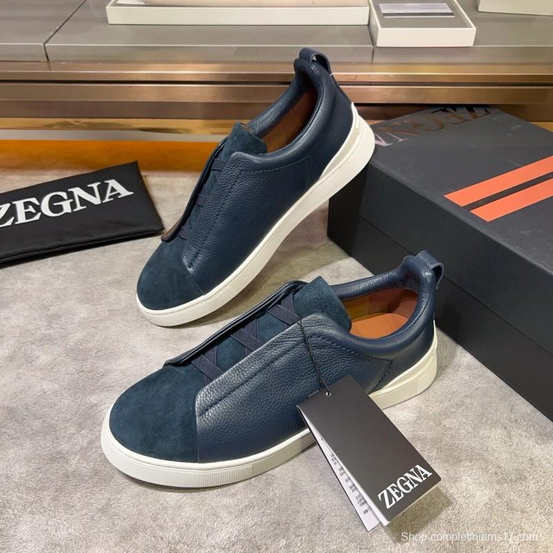 2024 Men Ermenegildo Zegna Blue Leather Suede Sneakers