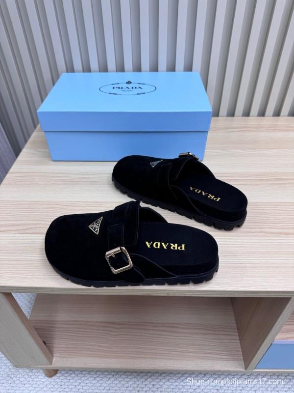 2025 Slippers Prada Black Suede Slippers LY00280