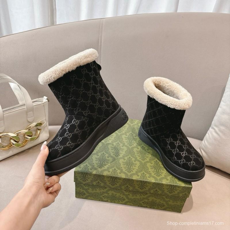 2024 Women Gucci Black Suede Wool Snow Boots MJ00350