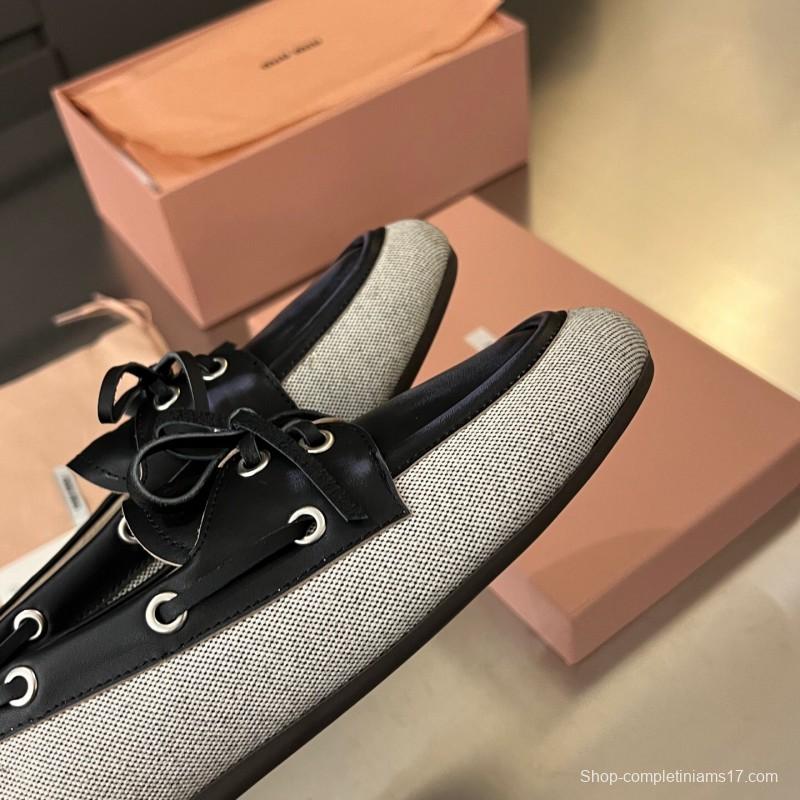 2025 Women Miu Miu Black Beige Leather Fabric Loafers