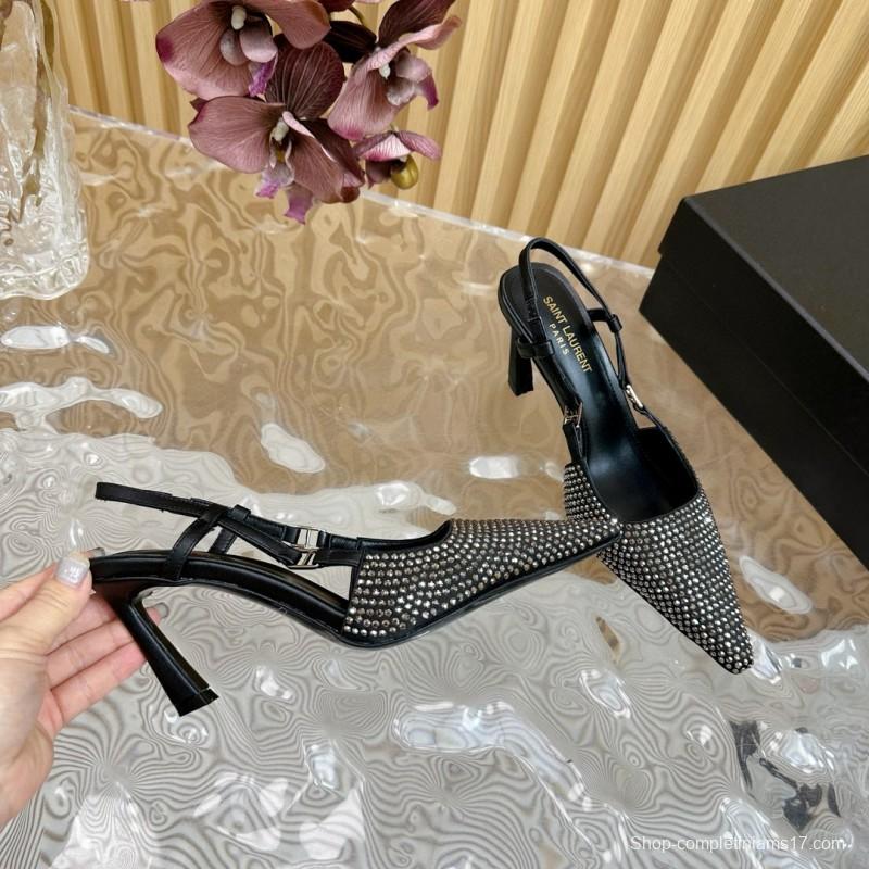 2024 Women Yves Saint Laurent Black Silk Slingback Pumps Crystal Embellishment MJ00320