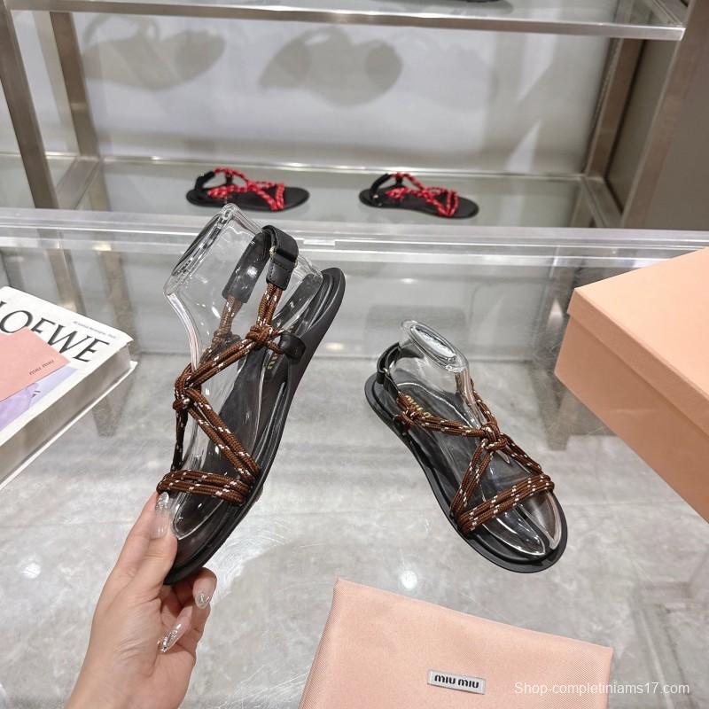 2025 Women Miu Miu Brown Rope Leather Sandals