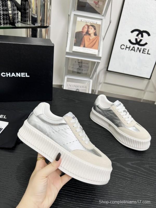 2025 Women Chanel White Silver Suede Leather Sneakers LY00270