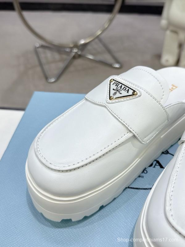 2025 Women Prada White Leather Slip-On Loafers