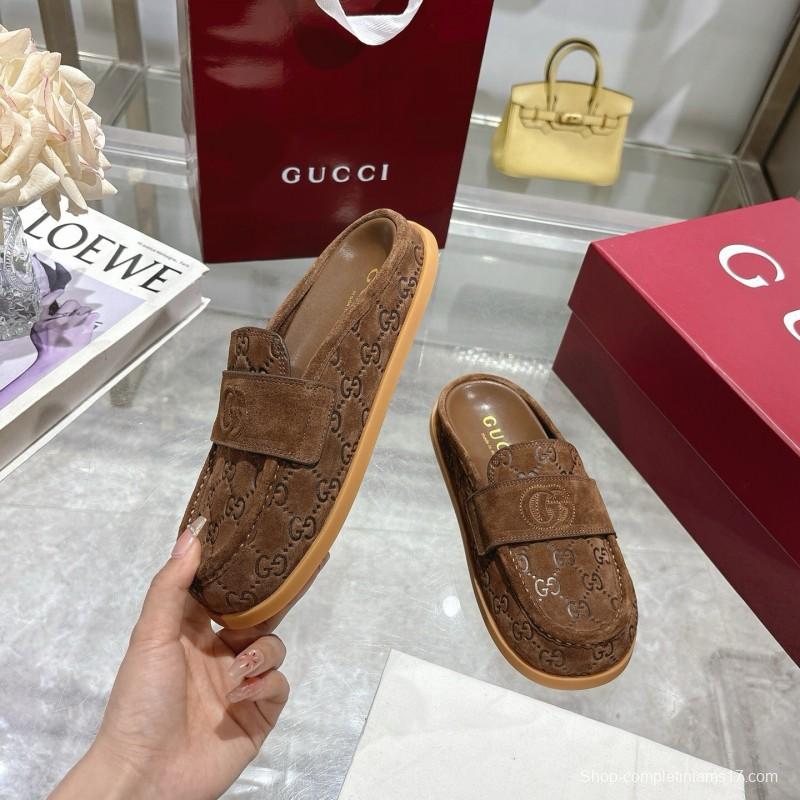 2025 Women Gucci Dark Brown Suede Mule Embossed GG LY00270