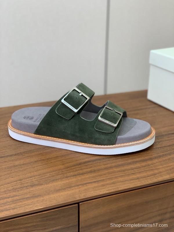2025 Unisex Brunello Cucinelli Green Suede Leather Slippers KFY00250