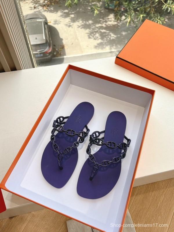 2025 Women Hermès Purple Rubber Chain Thong Sandals LY00360(F)