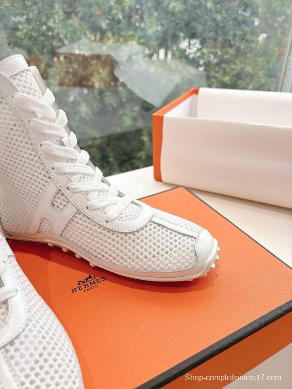 2025 Women Hermès White Leather Mesh Ankle Boots