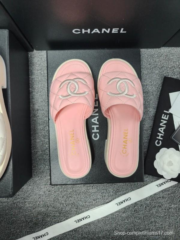 2025 Women Chanel Pink Leather Slippers