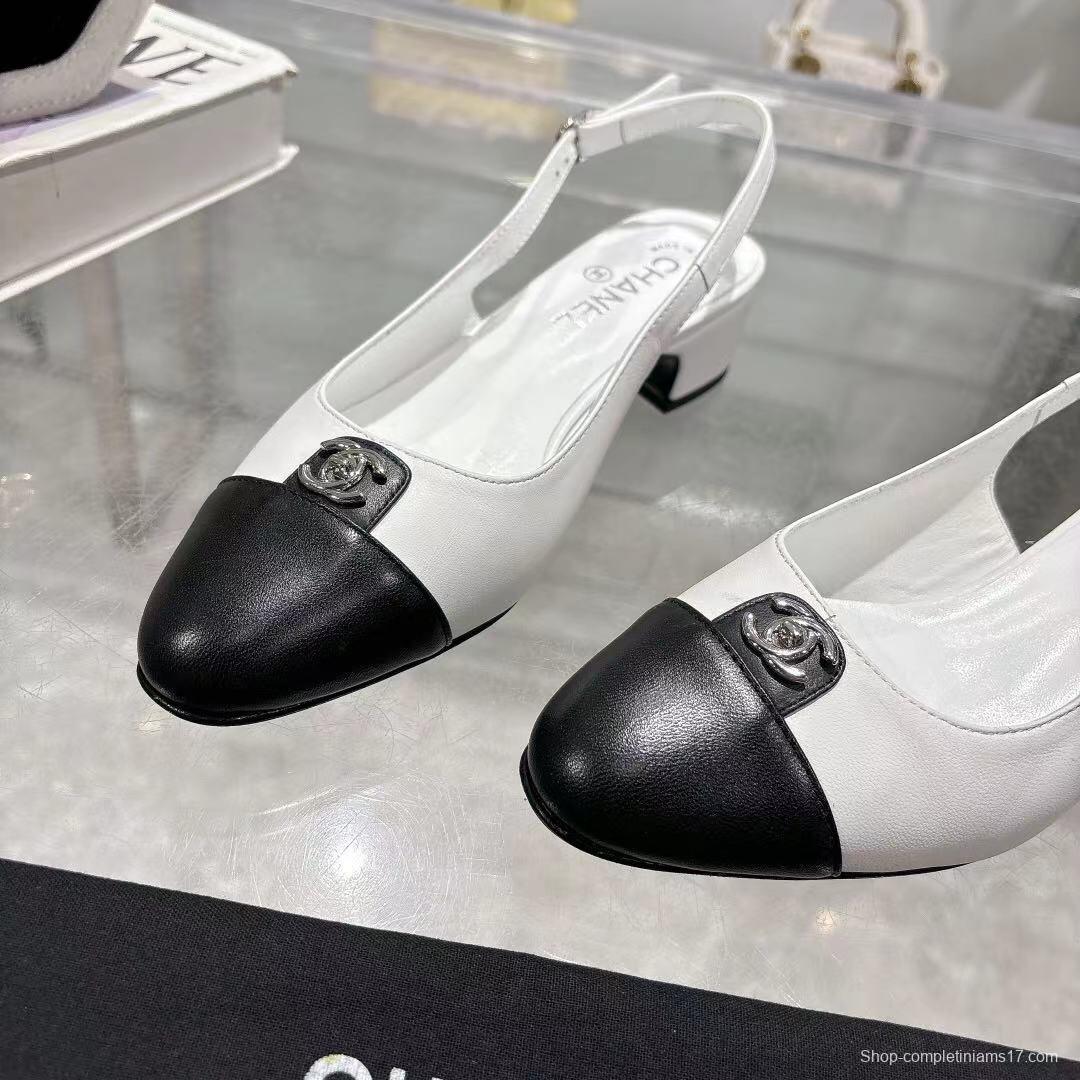 2025 Women Chanel White Black Leather Slingback Heels LY00300