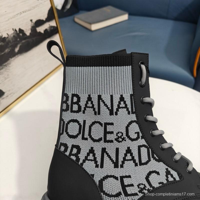 2024 Unisex Dolce & Gabbana Black Light Grey Fabric Leather Boots
