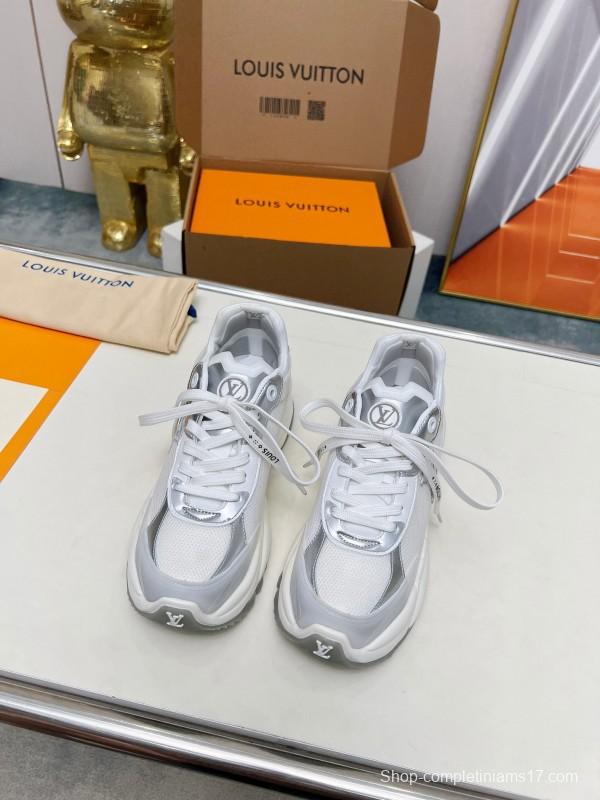 2025 Women Louis Vuitton White Grey Mesh Leather Sneakers LY00340