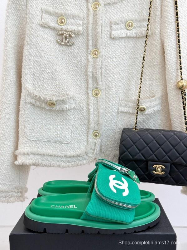 2025 Slippers Chanel Green Canvas Women Slippers KFY00220