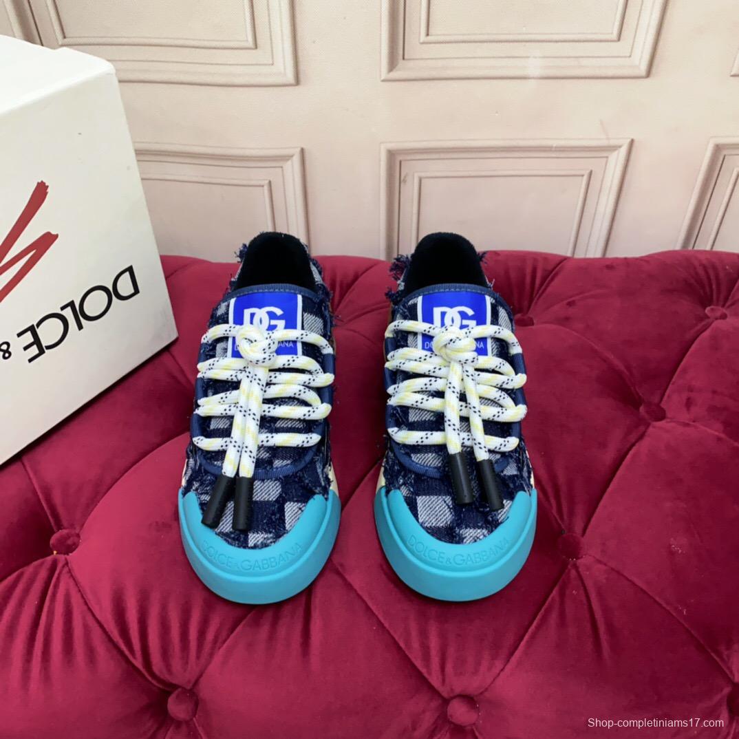 2025 Unisex Dolce & Gabbana Blue White Brown Denim Leather Sneakers