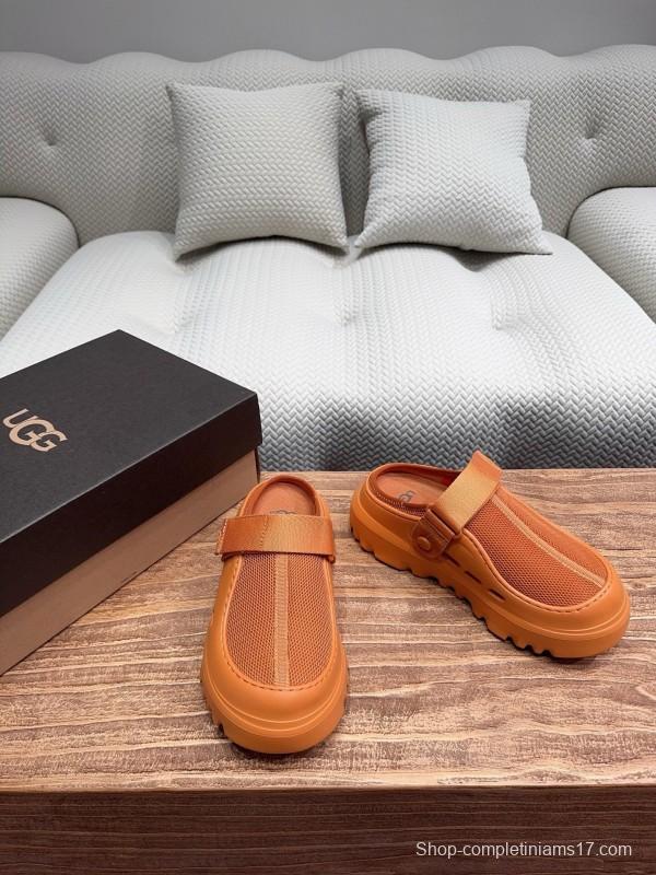2025 UGG Brown Leather Mesh Slippers KFY00220